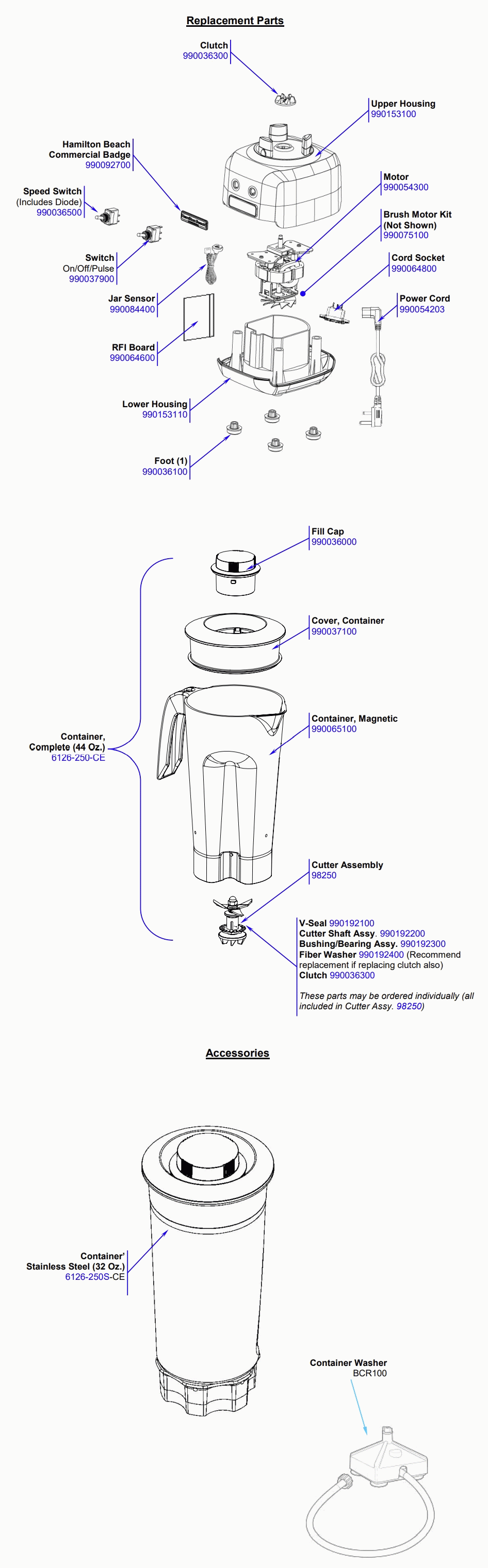 Diagram Diagram and Parts List for HBB250-SA-K  Hamilton Beach Blender